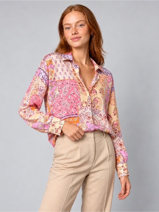 Zara Tops - Zara S Patchwork Paisley Button Up Shirt in Pink and Cream Silk Feels Blouse